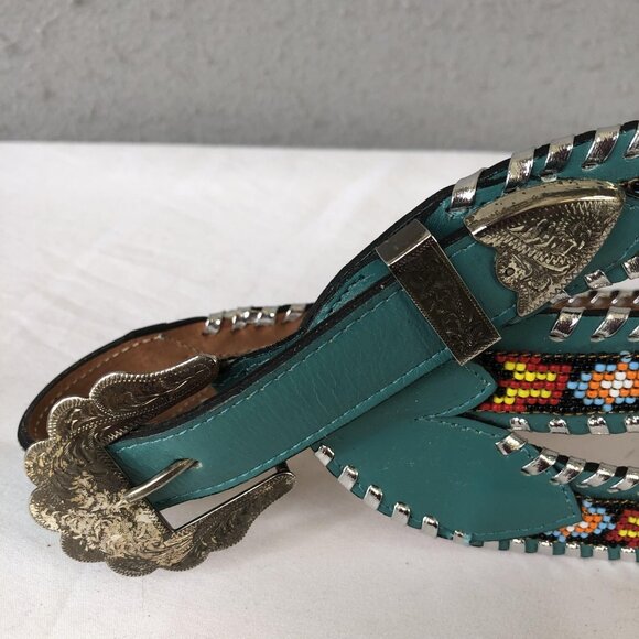 Enterprises Beaded Leather Belt Womens Medium Turquoise Western Buckle USA 408 - Picture 9 of 16